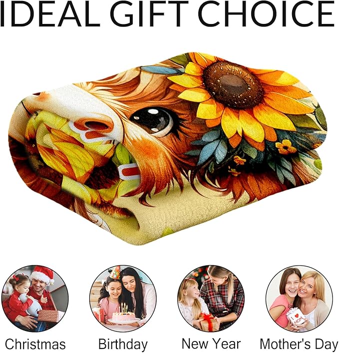 Personalized Highland Cow Stuff for Kids - 30" x 40" Inches Cute Highland Cow Blanket Throw Blanket - Yellow Lightweight Cozy Blankets for Sofa, Lap & Office
