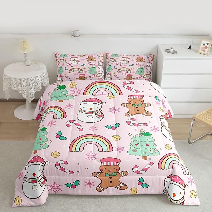 Feelyou Christmas Kids Comforter Set Queen Size Merry Christmas Tree and Snowman Bedding Set Gingerbread Man Duvet Quilt for Kids Boys Girls Bedroom Rainbow Print Decor Snowflake Soft Breathable