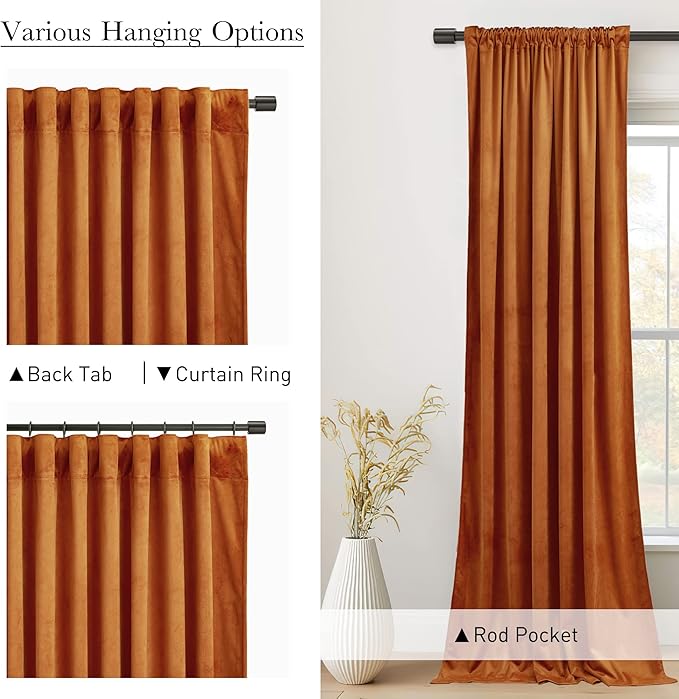 StangH Orange Velvet Curtains 96 inches, Back Tab Heavy Thick Living Room Drapes Light Blocking Privacy Protect Curtain Panels for Bedroom/Backdrops, W52 x L96, 2 Panels