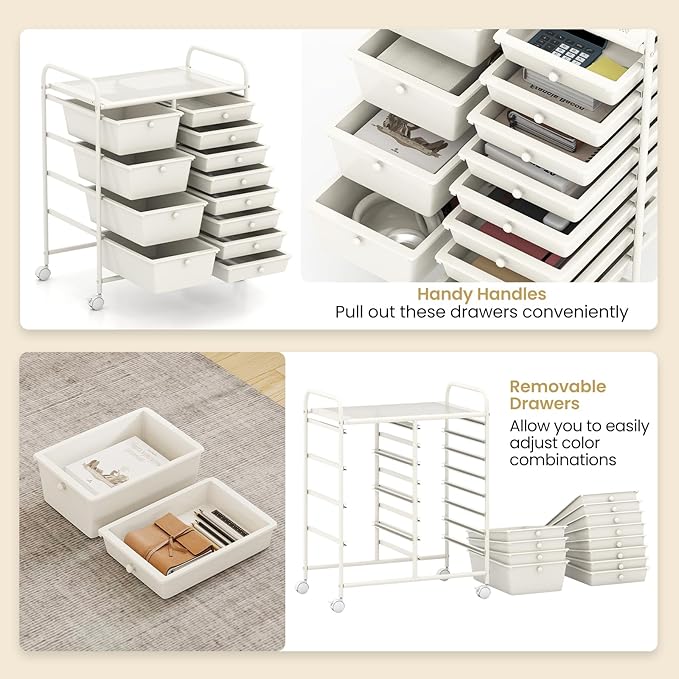 RELAX4LIFE 12-Drawer Rolling Storage Cart - Mobile Utility Drawer Carts with Wheels, Craft Organizers Cart for Classroom Organization and Storage, School, Home, Office
