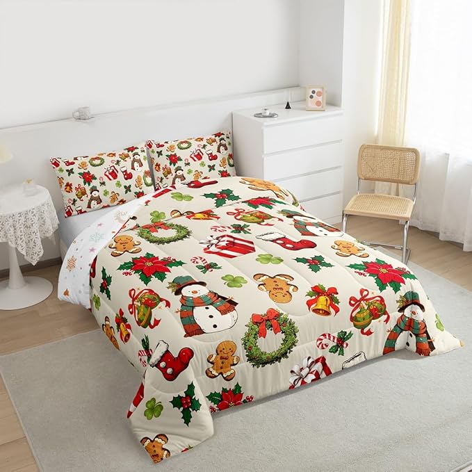 jejeloiu Merry Christmas Comforter Set Full Size Cute Snowman Bedding Set for Kids Boys Girls Gingerbread Man Duvet Quilt Beige Bedroom