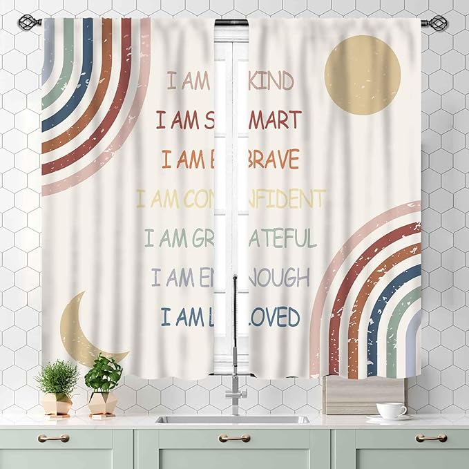 Rainbow Curtains for Girls Bedroom, Boho Rianbow Quotes Inspirational Motivational Positive Colorful Pastel Window Drapery for Baby Kids Living Room Toddler Nursery Classroom 2 Panels, 55x39 Inch