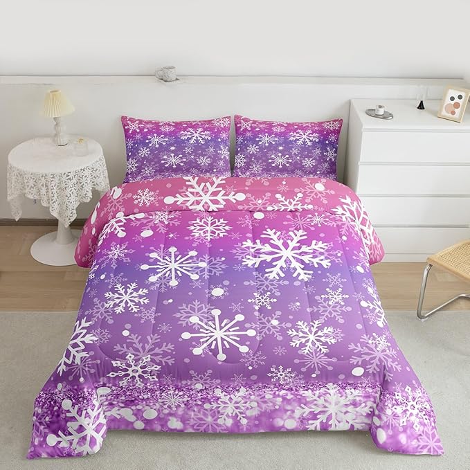Feelyou Christmas Comforter Set All Season Pink Purple Bedding Set with 2 Pillow Cases Winter Snowflake Microfiber Kids Queen Bedclothes New Year Holiday Bedroom Decor Duvet Quilt Soft Lightweight