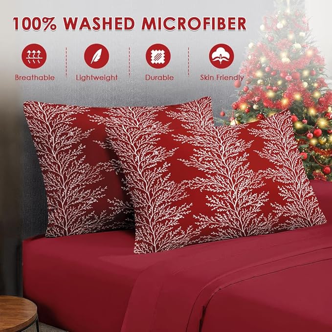 7 Pcs Full Size Christmas Comforter Set with 2 Pillowcases & 2 Shams, Red Botanical Bedding for Kids and Adults, Winter Tree Branch Bed in a Bag with Flat Fitted Sheet