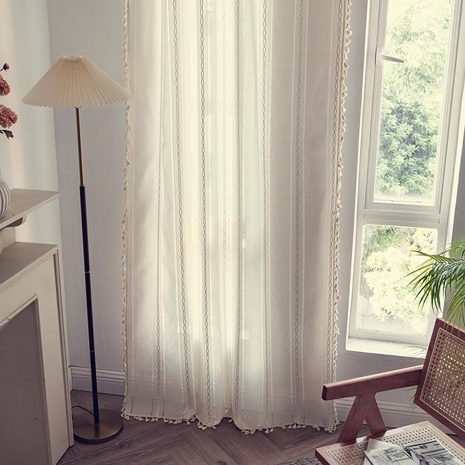 Deeprove Ivory Boho Curtain 96 Inches Long for Bedroom Living Room Decor, Bohemian Hollow Chic Style Tassels, Vintage Farmhouse Country French Window Treatment Drape, Rod Pocket, 1 Panel W52x L96
