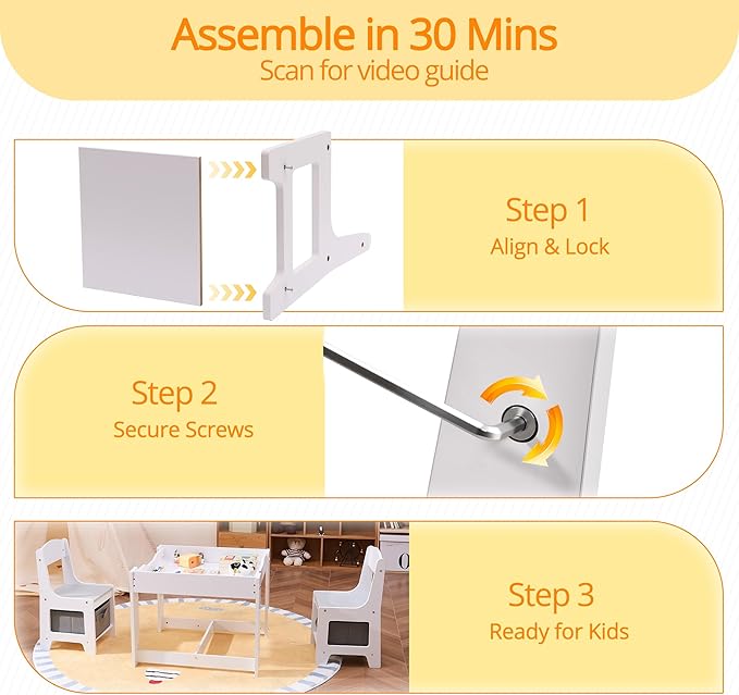 Kids Table and Chairs Set, 3 in 1 Wooden Toddler Table with Storage Drawer and Detachable Tabletop, for Children/Toddler/Baby Drawing Reading Playing, White and Gray