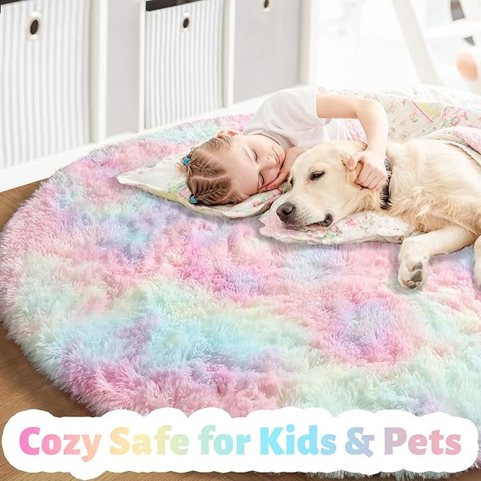 Amdrebio Rainbow Fluffy Small Round Rug 3Ft Kids Rugs for Girls Bedroom, Unicorn Room Decor, Colorful Pastel Shag Carpet for Dorm, Soft Cute Fuzzy Kawaii Circle Area Rugs for Baby Nursery, Playroom