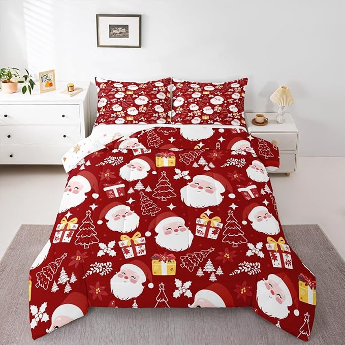 jejeloiu Santa Claus Comforter Set Queen Size Merry Christmas Bedding Set for Kids Boys Girls Xmas Themed Duvet Quilt Red Bedroom Decor