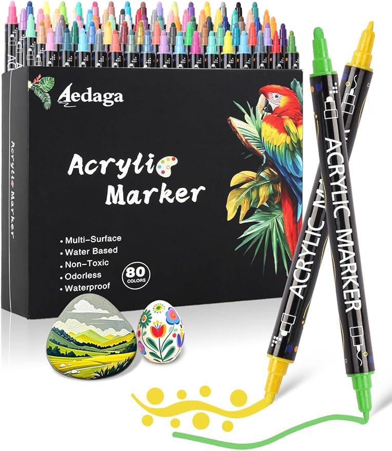 80 Colors Acrylic Paint Pens,Acrylic Paint Markers Dual Tip with Fine Tip and Dot Tip,Dot Marker for Kids Adults, Glass, Stone, Wood, Canvas, Paper, Pottery