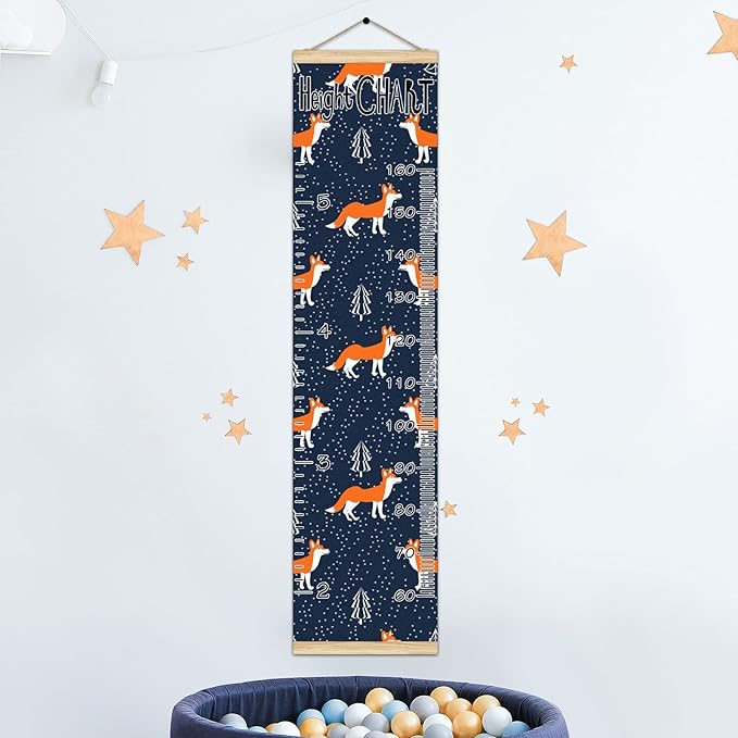 Kids Growth Chart Ruler for Wall Wood Frame Height Measure Chart 13.4x56 in Linen Hanging Height Growth Chart Small Foxes Kids Room Decor