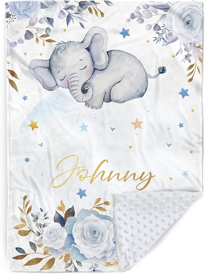 Personalized Baby Blanket for Boys Girls, Custom Baby Blanket with Name, Flannel Blue Elephant Blanket Personalized Gifts for Kids Newborn Infant, Ideal for Birthday Baby Shower(60" x80)