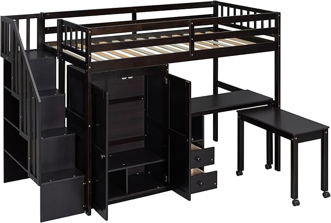 Merax Kids Twin Multifunction Loft Bed with Desk/Wardrobe, Wood Storage Loft Bed with Staircase, Bookshelf & Drawers, No Box Spring Needed, Space Saving, Espresso