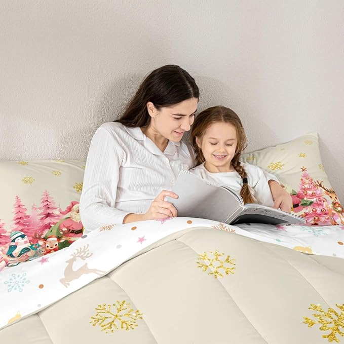 jejeloiu Merry Christmas Comforter Set Twin Size Santa Claus Bedding Set for Kids Boys Girls Cute Deer Duvet Quilt Beige Bedroom Decor