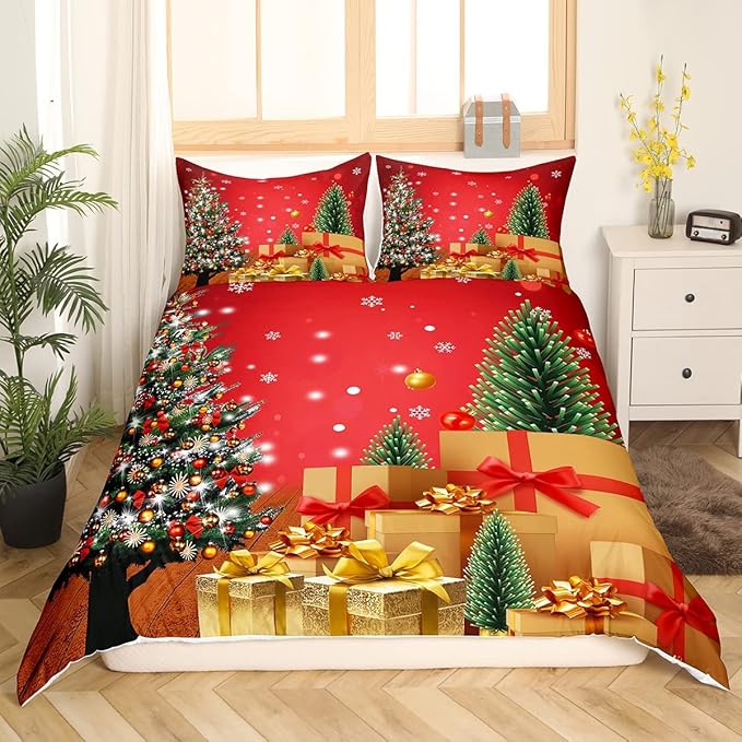 Feelyou Christmas Bedding Duvet Cover Set Kids Christmas Tree Bedding Set Boys Girls Snowflake Gift Boxes Decor Comforter Cover Set Microfiber Xmas Theme Bedspread Cover Bedroom Bedclothes Toddler