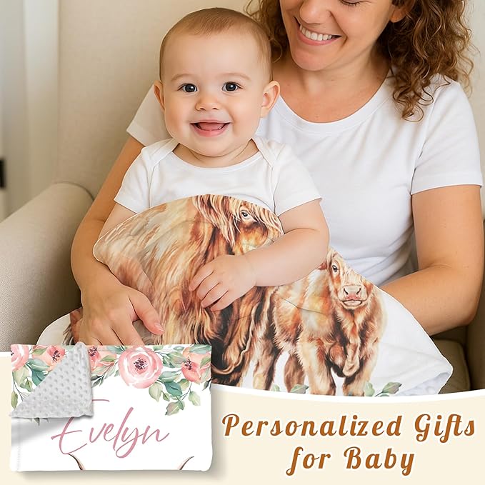 Personalized Baby Blanket for Boys, Custom Name Blanket for Girl Newborn Mom, Soft Flannel with Double Layer Dotted Backing, Gifts for Baby Shower Christmas Birthday, Highland Cow(47" x60)