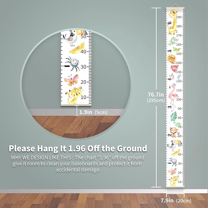Personalized Growth Chart for Kids, Baby Height Chart with Custom Name, 77"x7.9" Canvas and Black Wood Height Measuring Rulers for Boys Girls Removable Wall Ruler Hanging for Nursery Decor - Animals