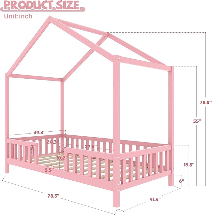 Bellemave Twin House BedFrame with Canopy, Montessori Floor Bed, House Bed with Rails for Kids, Pink