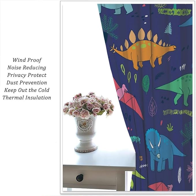 Dinosaurs Blackout Curtains Cute Cartoon Animals Dino Tropical Plant Colorful Art Print for Kids Boys Bedroom Living Room Rod Pocket Decoration Window Drapes 2 Panels W36xL63in