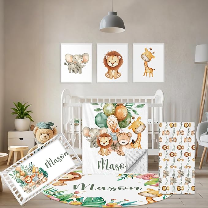 Personalized Baby Bedding Set, 5 Pcs Custom Name Baby Crib Sets, Safari Animal Crib Bedding Set for Baby Boys Girls, Double Layer Flannel Nursery Bedding Set, Toddlers Infants Customized Gifts