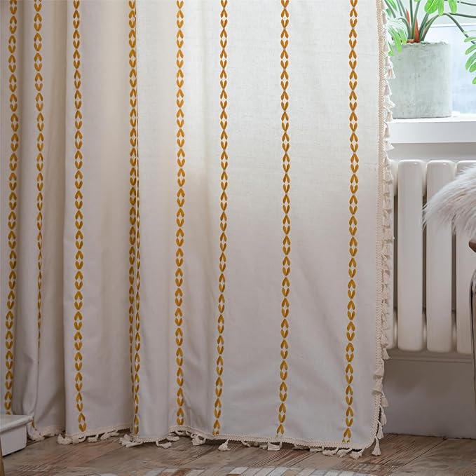 Deeprove Gold Yellow Boho Curtains 96 inches Long for Bedroom, Vintage Privacy Bohemian Embroidery Light Filter Cotton Linen Stripes French Country Tassel Window Treatments Decor, W52 x L96, 1 Panel