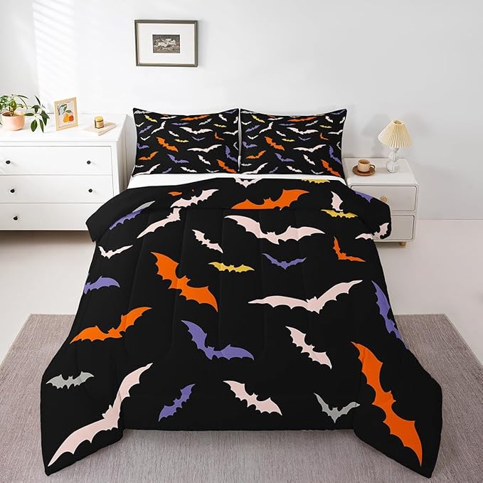 Erosebridal Bat Quilt Halloween Bedroom Decor Bedding Set King Size for Kids Teens Adults Bedroom Purple Gothic Bat Comforter Set with 2 Pillow Cases,Spooky Duvet Insert