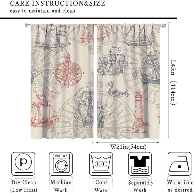Nautical Curtain Set, Yellow Polyester Fabric, 2 Panels, 42x45 Inches, Bathroom, Rustic, Ocean Theme