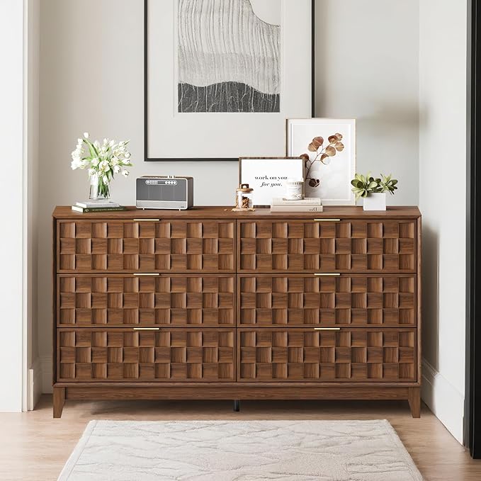 COLAMY Fluted Dresser, Modern Wooden 6 Drawer Dresser 55”, Side Board Buffet Storage Cabinet, Accent Cabinet with Metal Handles for Bedroom, Entryway, Hallway, Walnut