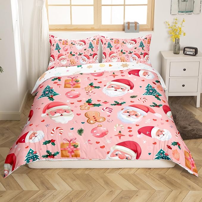Feelyou Christmas Bedding Set Pink Christmas Duvet Cover Set for Kids Boys Girls Cookies Comforter Cover Christmas Tree Quilt Cover Bedroom Collection 3Pcs King Size,No Comforter