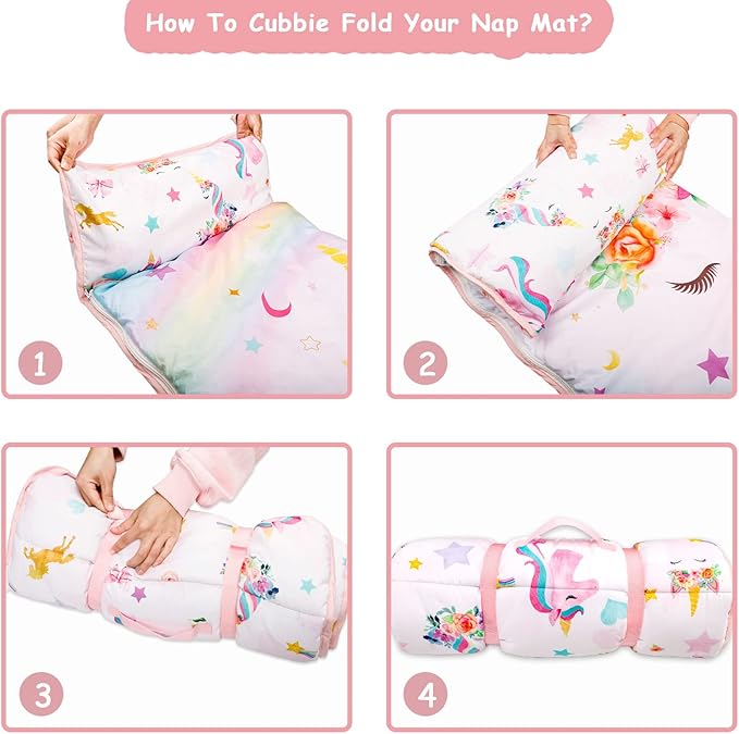 Toddler Nap Mat with Removable Pillow and Soft Dot Minky Blanket Pea Pod Kids Unicorn Napping Mats, Extra Large Rolled Slumber Bags for Girls Preschool, Daycare, Camping, 22 x 54inches Ages 3-7 Years