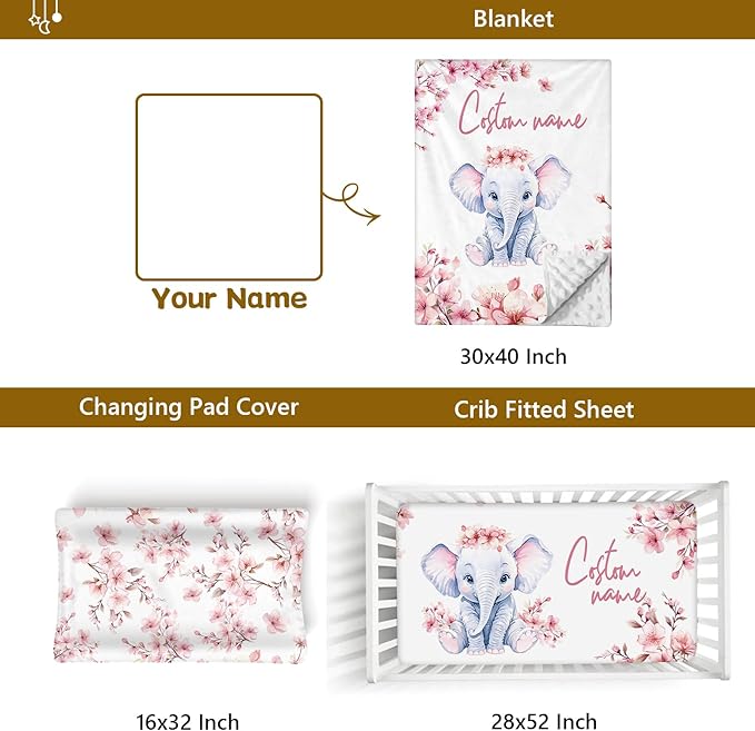 Custom Name Crib Bedding Set, 3 Pcs Personalized Baby Crib Bedding Set, Soft Flower Elephant Nursery Crib Sets for Boys Girls, Double Layer Toddler Bedding Set Customized Gifts for Newborn Kids