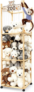 Wooden Stuffed Animal Storage Zoo Organizer - Large Capacity Plushies Holder with Elastic Cords for Stuffed Animals Storage in Playroom, Bedroom and Nursery