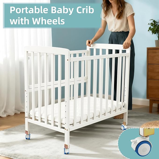 Portable Mini Baby Crib - Convertible Baby Cribs with Soft Foam Mattress(33 * 20"),6 Heights Bedside Bassinet Sleeper,Wheeled Bedside Crib Co Sleeper for Small Space,White