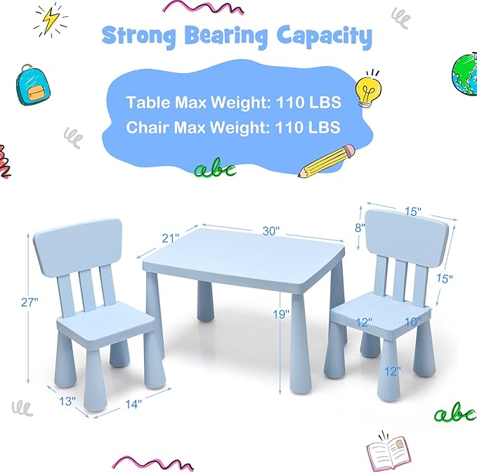 HONEY JOY Kids Table and Chair Set, Plastic Children Activity Table and 2 Chairs for Art Craft, Easy-Clean Tabletop, 3-Piece Toddler Furniture Set for Daycare Playroom, Gift for Boys Girls(Blue)
