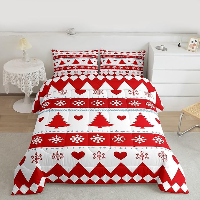 Feelyou Christmas Comforter Set Full Size Xmas Tree Bedding Set for Kids Boys Girls Snowflake Heart Duvet Quilt Geometric Bedroom Decor Microfiber 3 Pcs with 2 Pillow Cases