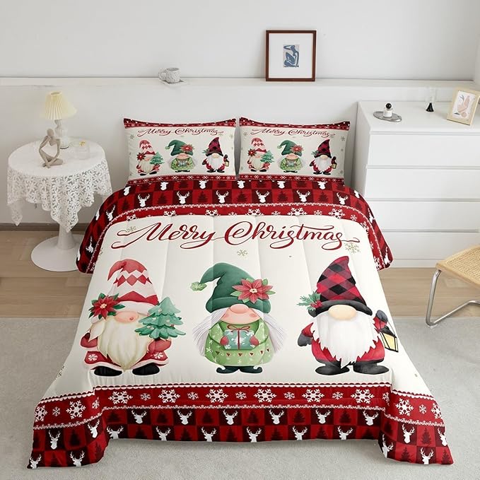 Merry Christmas Kids Comforter Set Queen Size,Deer Antler Santa Claus Bedding,Girls Boys Adults Bedroom/Xmas Cabin Decor,Snowflake Pine Trees Plaid Down Comforter,Rustic Duvet Insert,2 Pillowcases
