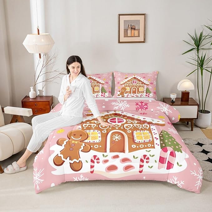 Feelyou Christmas Gingerbread Bedding Set Soft for Boys Girls,Gingerbread House Comforter Set Full Size Winter Holiday Decor Duvet Quilt Cute Snowflake Room Decor Pink Decor 3 Pcs with 2 Pillow Cases