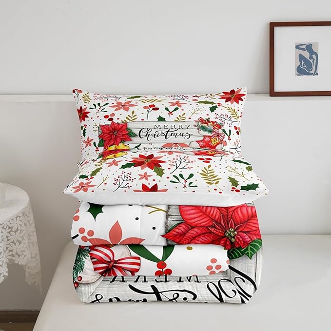 Castle Fairy Merry Christmas Full Size Comforter Set,Red Xmas Flowers Berry Leaves Plant Bedding Comforters Bedroom Collection,Floral Themed Bell Socks Print Bedding Set for Girls Teens