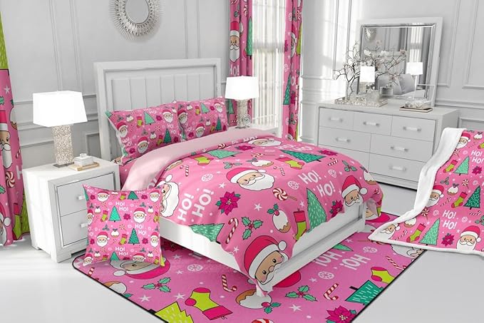 Feelyou Pink Merry Christmas Comforter Set All Season Santa Claus Bedding Set with 2 Pillow Cases Xmas Microfiber Kids King Bedclothes Happy New Year Bedroom Decor Duvet Quilt Soft Lightweight