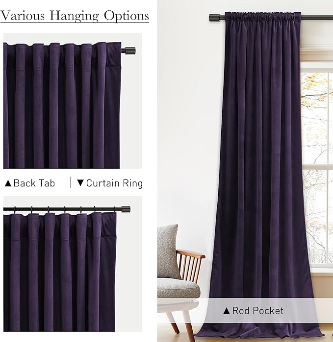 StangH Velvet Curtains for Bedroom, Purple Orchid Velvet Drapes 52x96 Inch with Rod Pocket Back Tab, Room Darkening Thermal Insulated Window Treatment for Living Room, 2 Panels