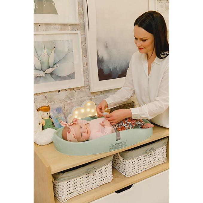 Bumbo Baby Changing Pad for Dresser or Table Top, Portable & Wipeable Non Slip Soft Contoured Diaper Change Station with Harness, Hemlock