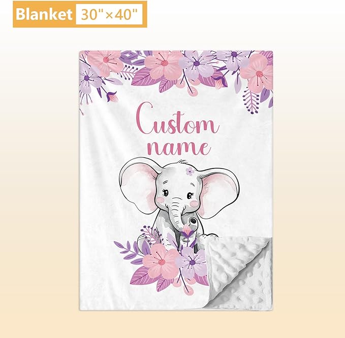 Personalized Toddler Bedding Set, 5 Pcs Custom Name Crib Bedding Set for Girls, Purple Elephant Flannel Baby Crib Bedding Set, Double Layer Baby Crib Set, Customized Gifts for Infants Newborns