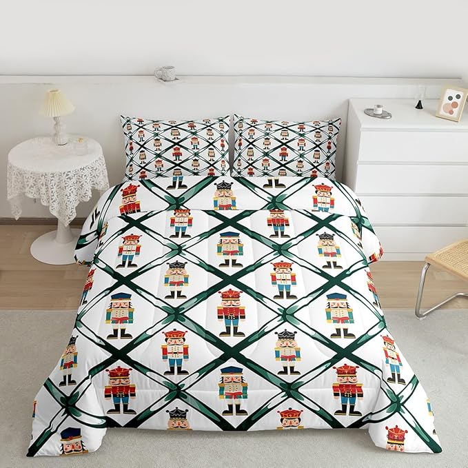 Feelyou Cute Nutcracker Bedding Set Soft for Boys Girls,Green Lattice Pattern Comforter Set King Size Colorful Duvet Quilt Microfiber Funny Soldier Bedroom Decor Kawaii 3 Pcs with 2 Pillow Cases