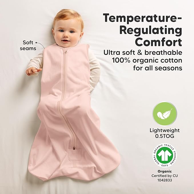 2-Pack Baby Sleep Sacks, Zipper Wearable Blanket - 0.5TOG Organic Cotton,Lightweight,Soft Cozy Toddler Sleeping Sack 6-12 months, Easy to Wear Large Newborn Transition Swaddles Sleepsacks (Mist Rose)
