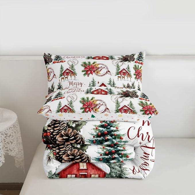 Merry Christmas Comforter Set King Size,Poinsettia Winter Xmas Pine Tree Kids Bedding Set,Snowflake Rustic Farmhouse Quilt Comforter,Red Green White Duvet Insert,2 Pillowcases