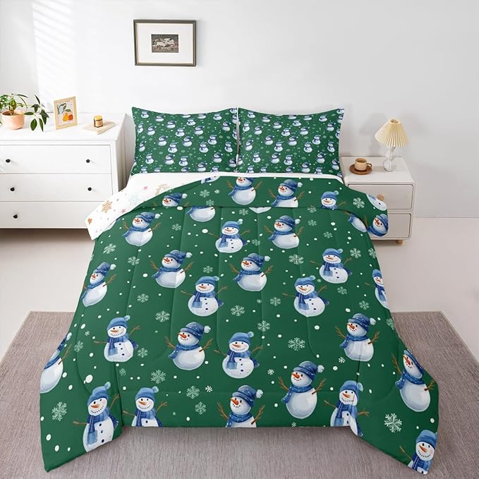 jejeloiu Kids Cute Winter Snowman Comforter Set Toddler Green Christmas Theme Bedding Set for Boys Girls Teens Xmas Snowflake Happy New Year Duvet Quilt Room Decor