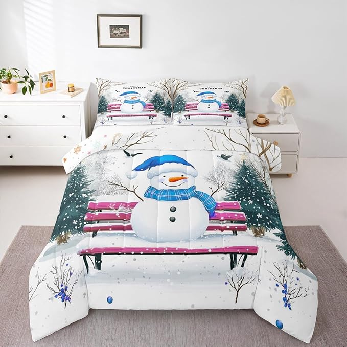 Feelyou Merry Christmas Bedding Set Soft for Boys Girls, Cute Snowman Comforter Set Full Size Snowflake Duvet Quilt Microfiber Christmas Tree Bedroom Decor 3 Pcs with 2 Pillow Cases