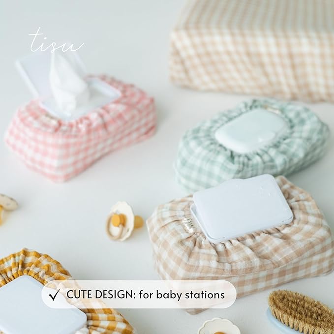 TISU Muslin Changing Pad Cover for Baby Girls Boys, Premium Soft Breathable Cotton in Gingham Pattern, Diaper Change Table Pad Cover (Beige Gingham)