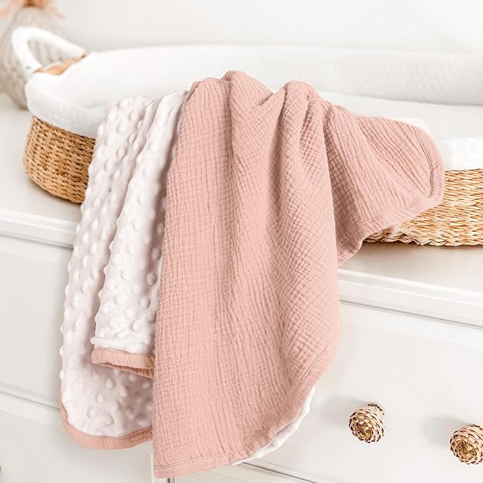 lulumoon Muslin Baby Blanket for Girls: Minky Dot Backing Thermal - Newborn Blanket for Baby Shower & Registry Gift 30"x40"(Pink)