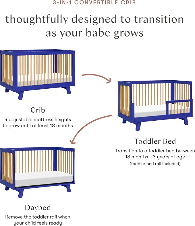 Babyletto Hudson 3-in-1 Baby Crib Convertible to Toddler Bed & Daybed - GREENGUARD Gold Certified - 4 Adjustable Heights - Made of 100% Solid Wood - Includes Toddler Conversion Kit - Cobalt & Honey