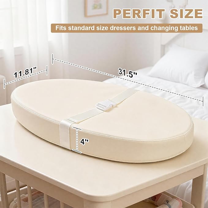 Baby Changing Pad for Dresser, with Wipeable Waterproof PU Cover, Contoured Diaper Changing Pad with Non-Slip Safety Belt, Portable Lightweight Changing Mat with Cushioned Foam, Beige